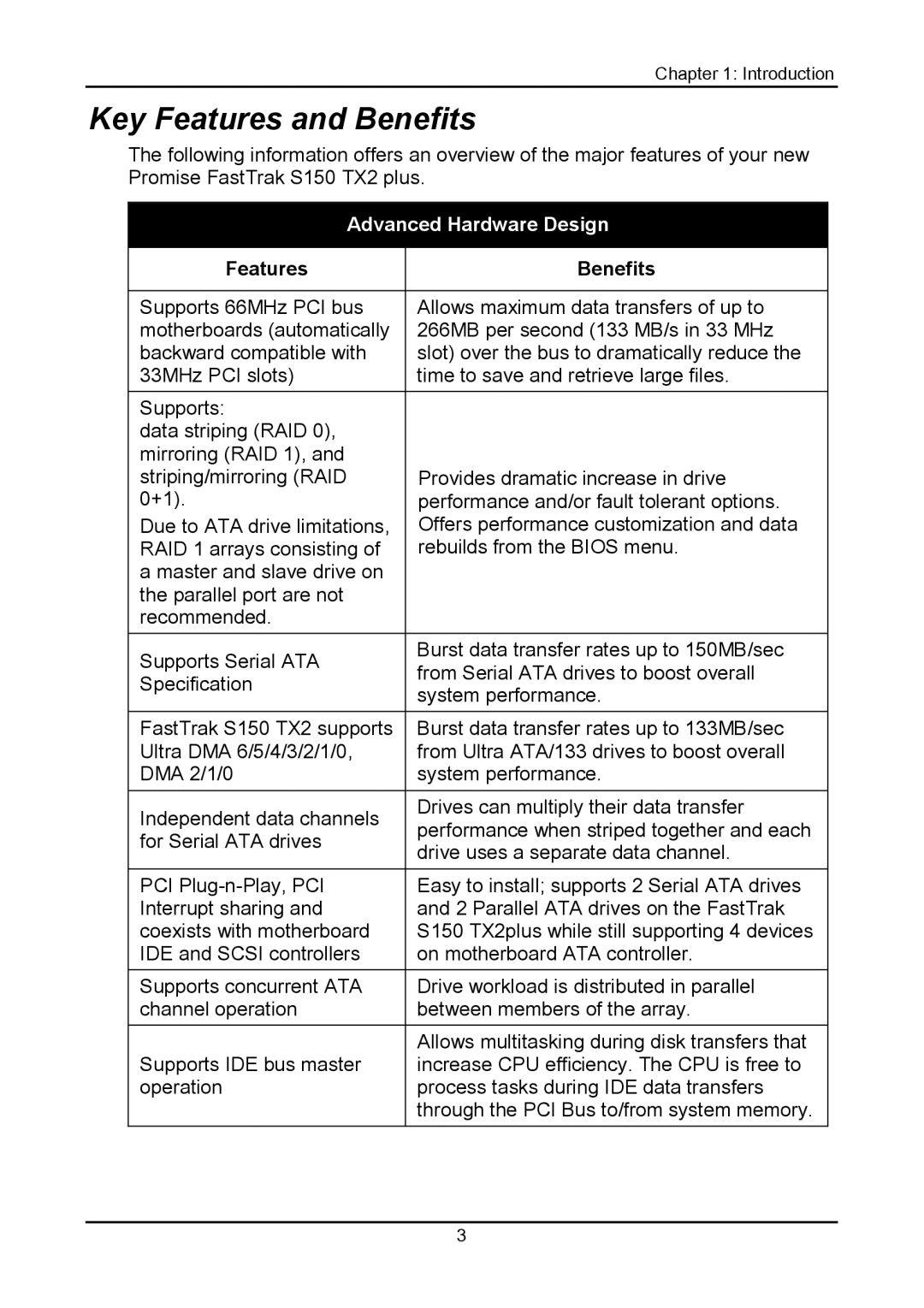 Promise Technology 150TX2 user manual Key Features and Benefits, Features Benefits 