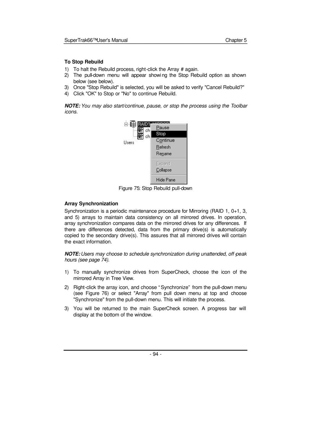 Promise Technology 66 Pro user manual To Stop Rebuild, Array Synchronization 