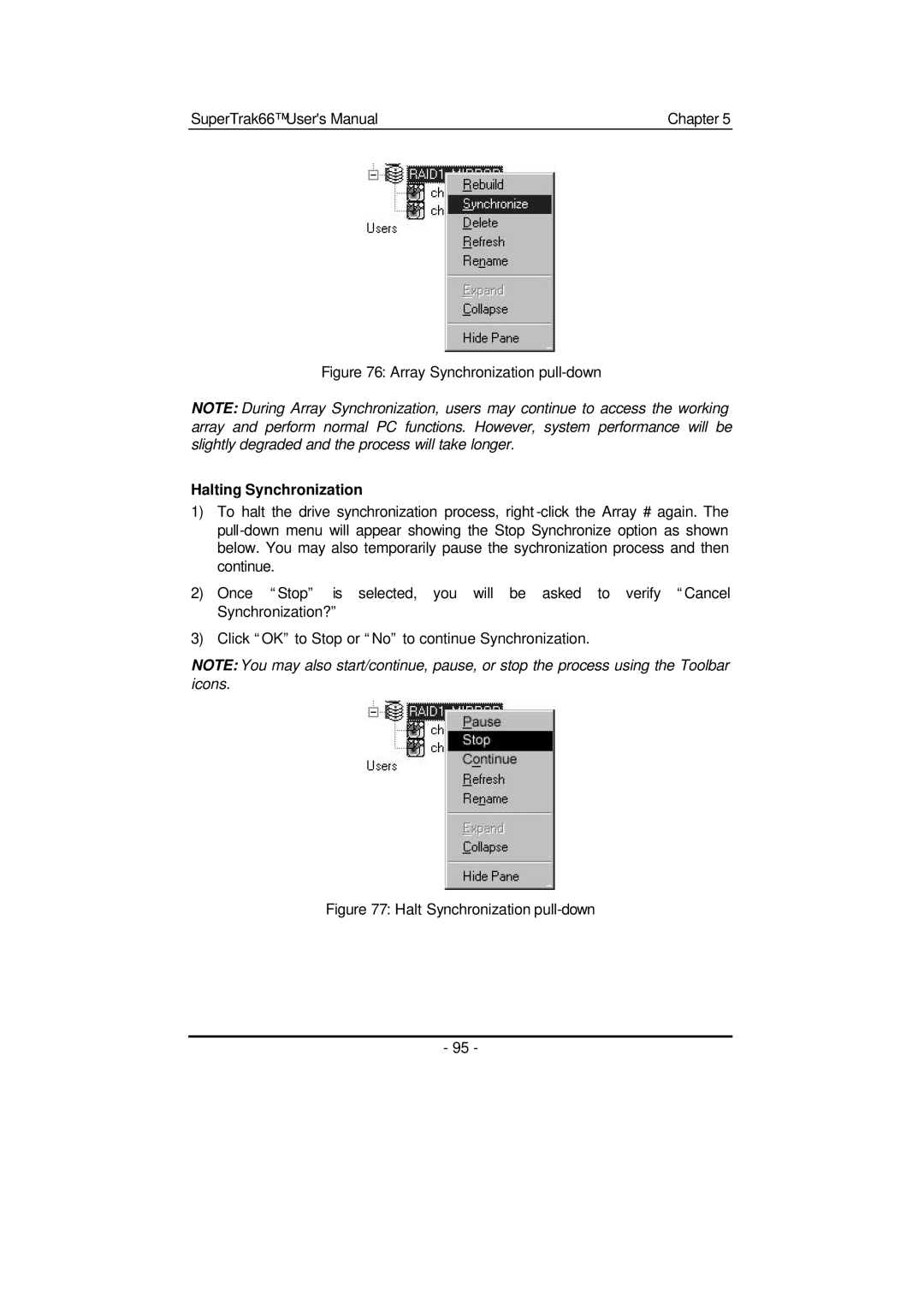 Promise Technology 66 Pro user manual Array Synchronization pull-down, Halting Synchronization 