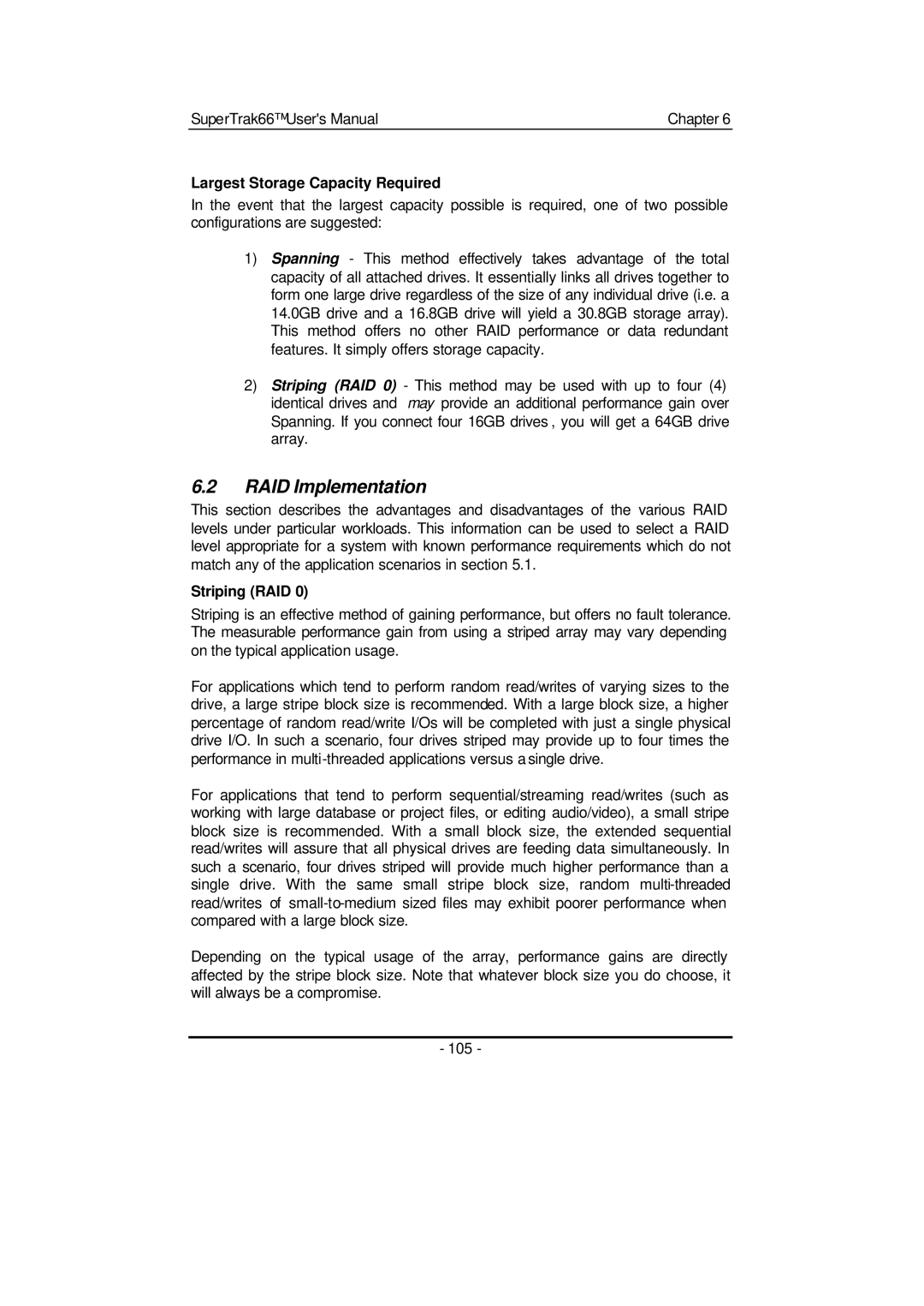 Promise Technology 66 Pro user manual RAID Implementation, Largest Storage Capacity Required, Striping RAID 