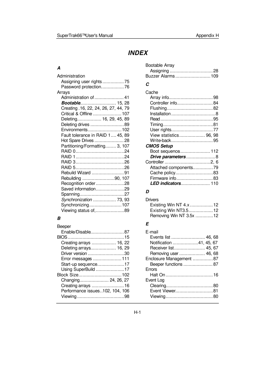 Promise Technology 66 Pro user manual Index, Cmos Setup 