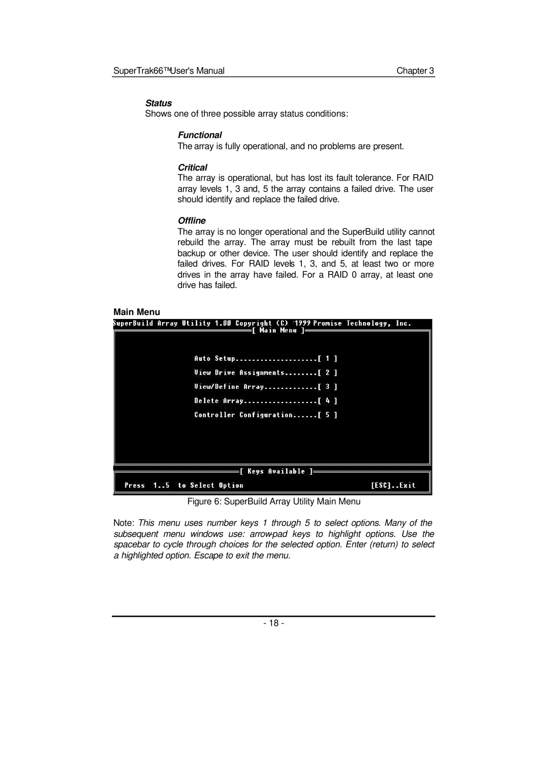 Promise Technology 66 Pro user manual Status, Functional, Critical, Offline, Main Menu 