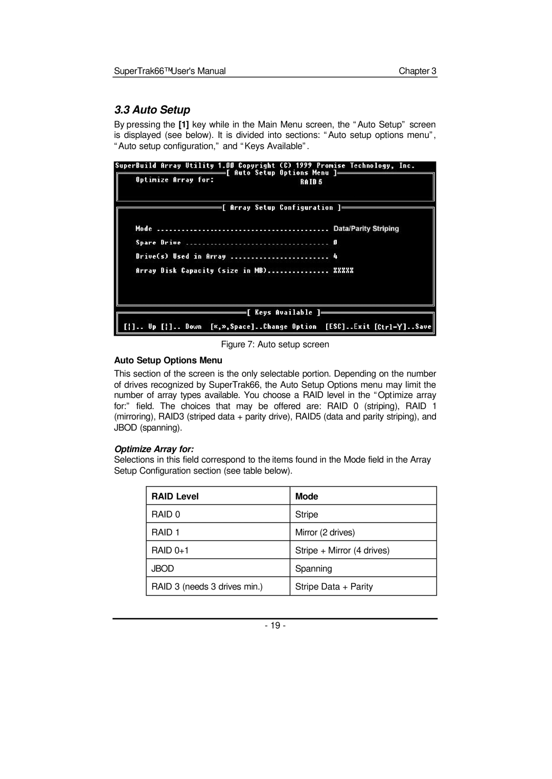 Promise Technology 66 Pro user manual Auto Setup Options Menu, Optimize Array for, RAID Level Mode 