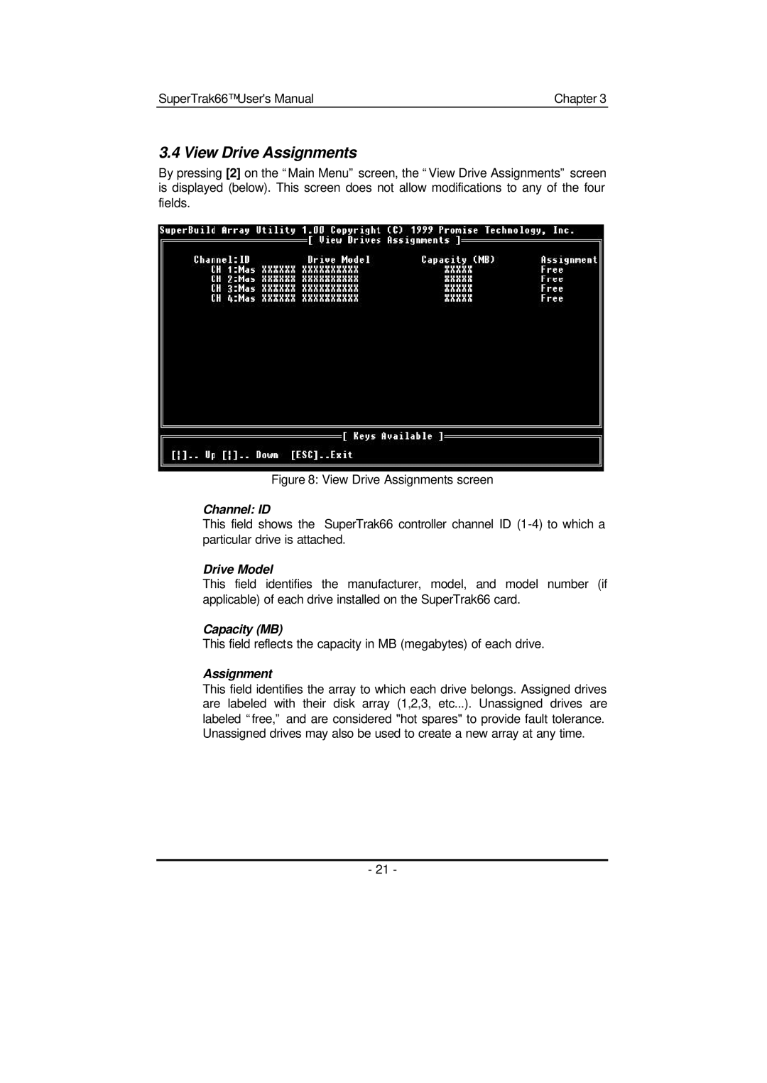 Promise Technology 66 Pro user manual View Drive Assignments, Channel ID, Drive Model, Capacity MB 