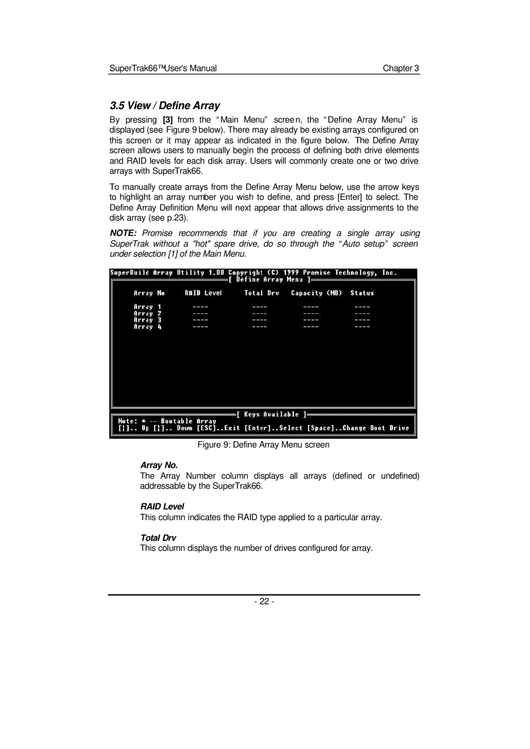 Promise Technology 66 Pro user manual View / Define Array, Array No, RAID Level, Total Drv 