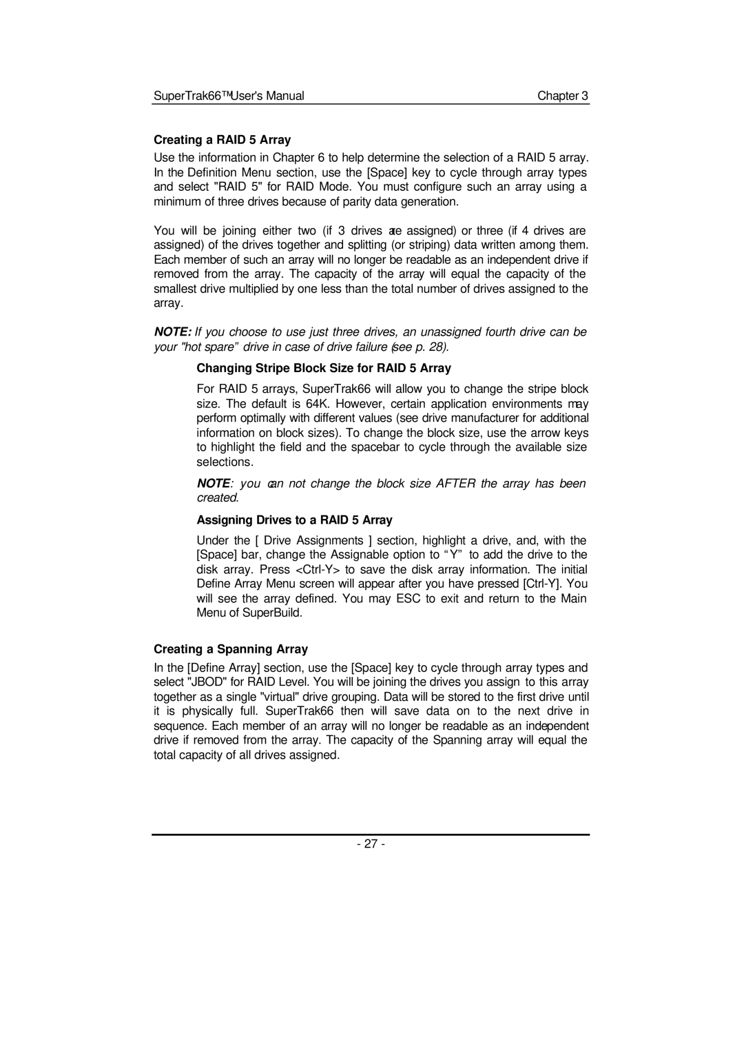 Promise Technology 66 Pro Creating a RAID 5 Array, Changing Stripe Block Size for RAID 5 Array, Creating a Spanning Array 