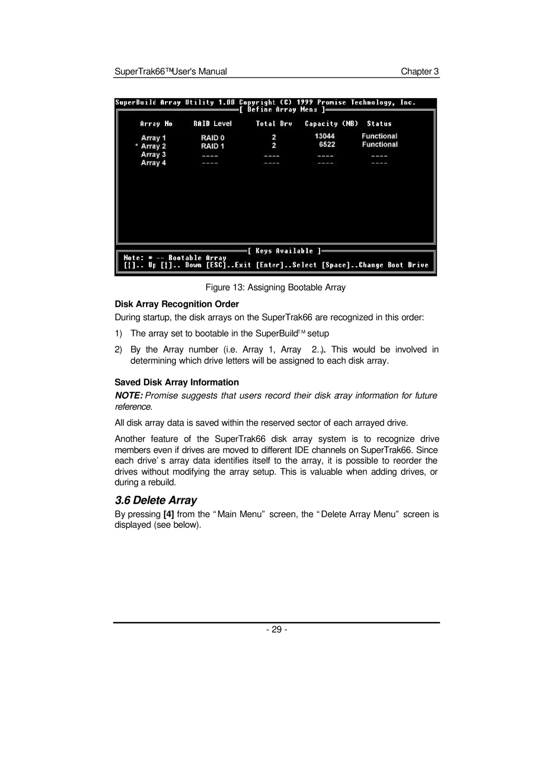 Promise Technology 66 Pro user manual Delete Array, Disk Array Recognition Order, Saved Disk Array Information 