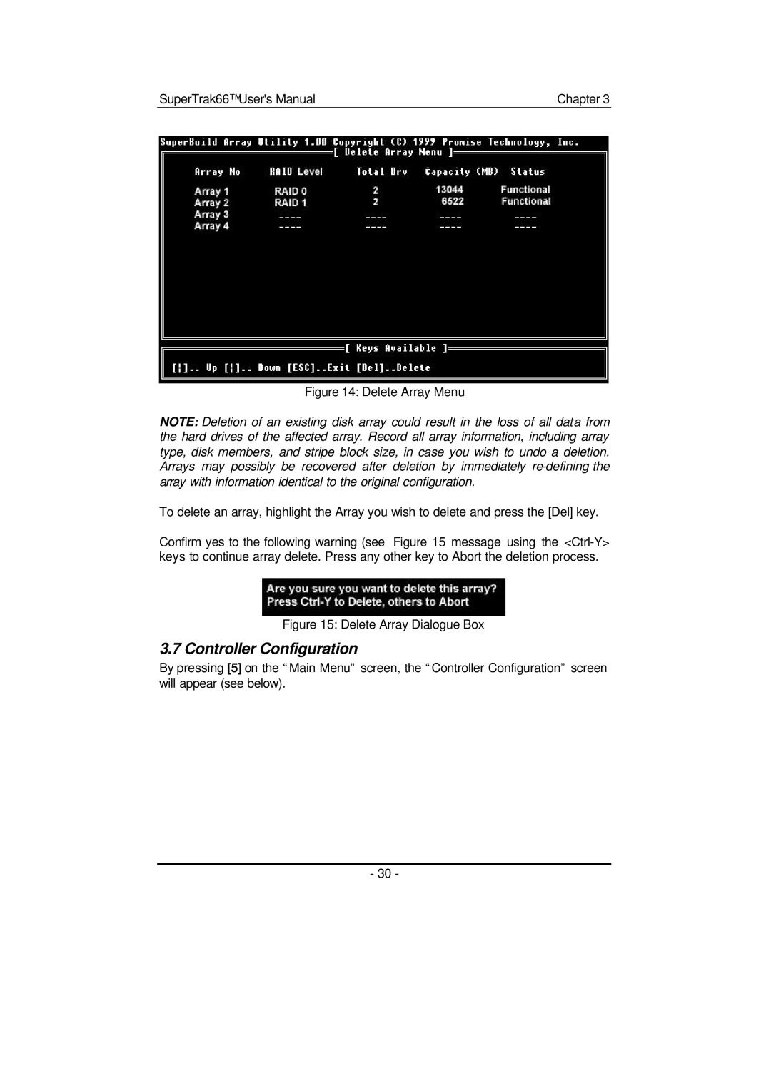 Promise Technology 66 Pro user manual Controller Configuration, Delete Array Dialogue Box 