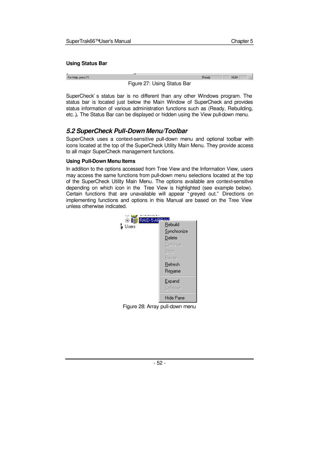 Promise Technology 66 Pro user manual SuperCheck Pull-Down Menu/Toolbar, Using Status Bar, Using Pull-Down Menu Items 