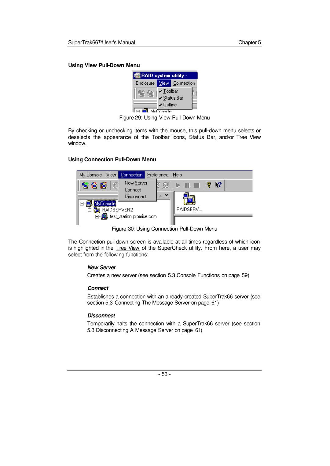 Promise Technology 66 Pro user manual Using View Pull-Down Menu, Using Connection Pull-Down Menu, New Server, Disconnect 