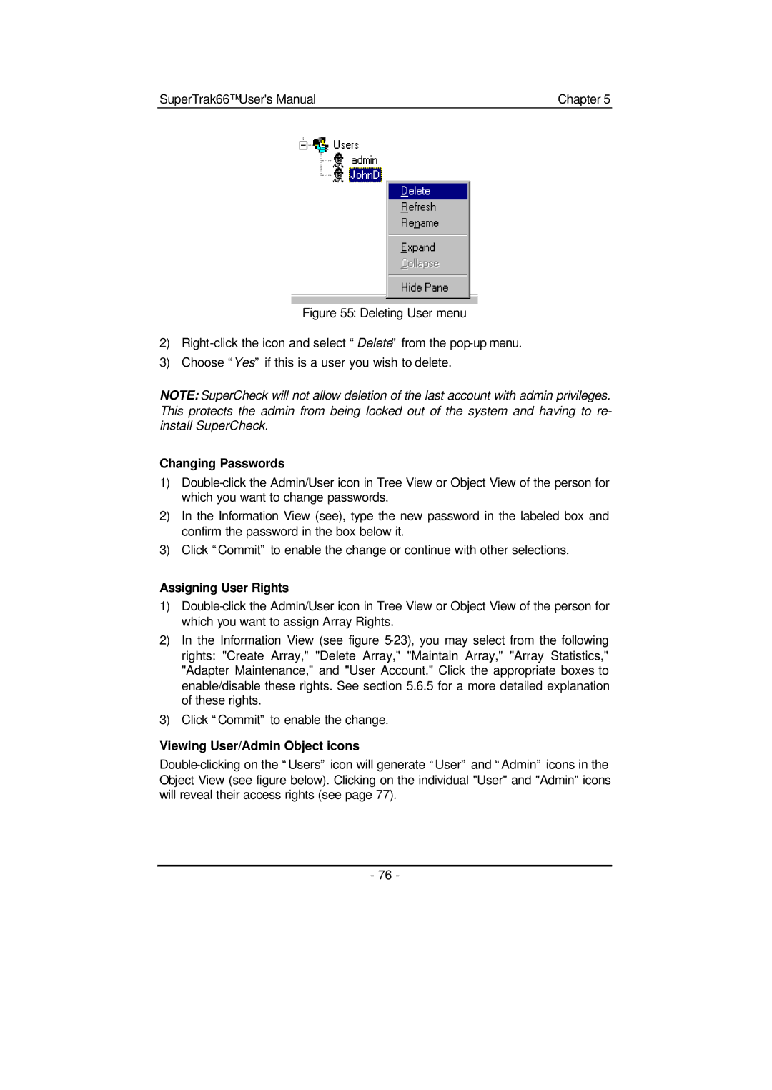 Promise Technology 66 Pro user manual Changing Passwords, Assigning User Rights, Viewing User/Admin Object icons 