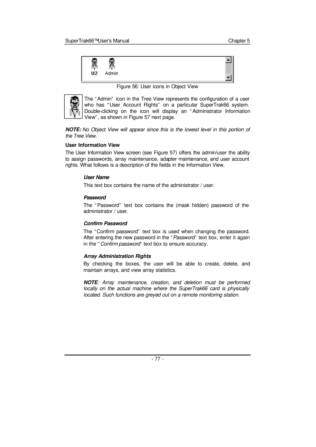 Promise Technology 66 Pro user manual User Information View, User Name, Confirm Password, Array Administration Rights 