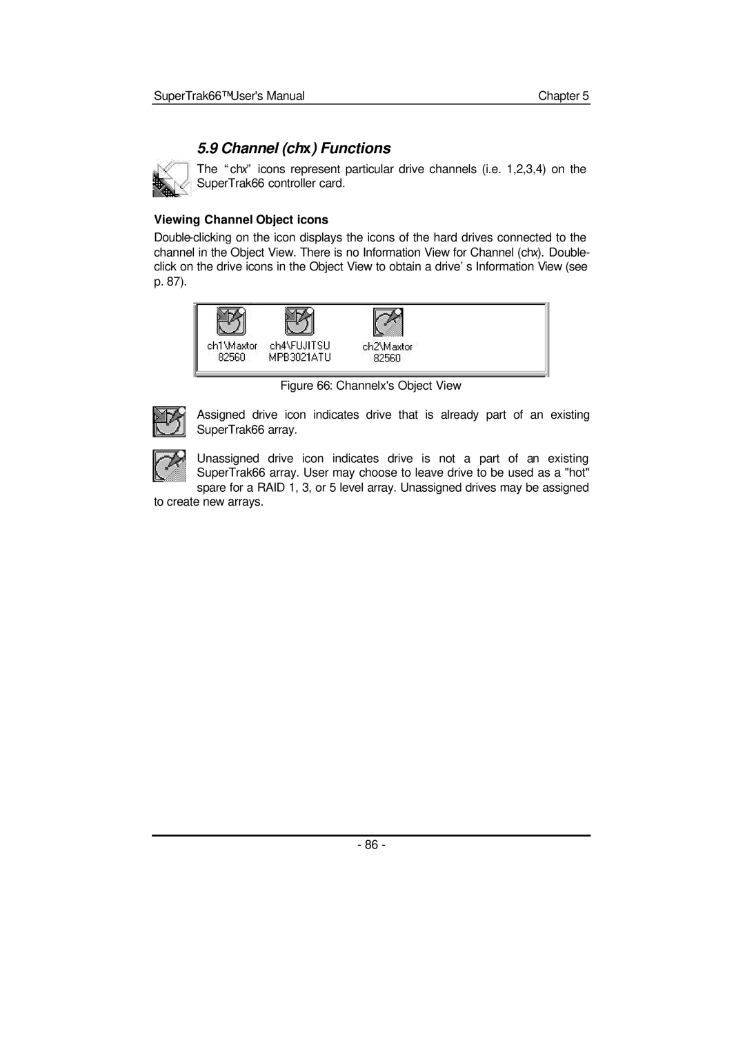 Promise Technology 66 Pro user manual Channel chx Functions, Viewing Channel Object icons 