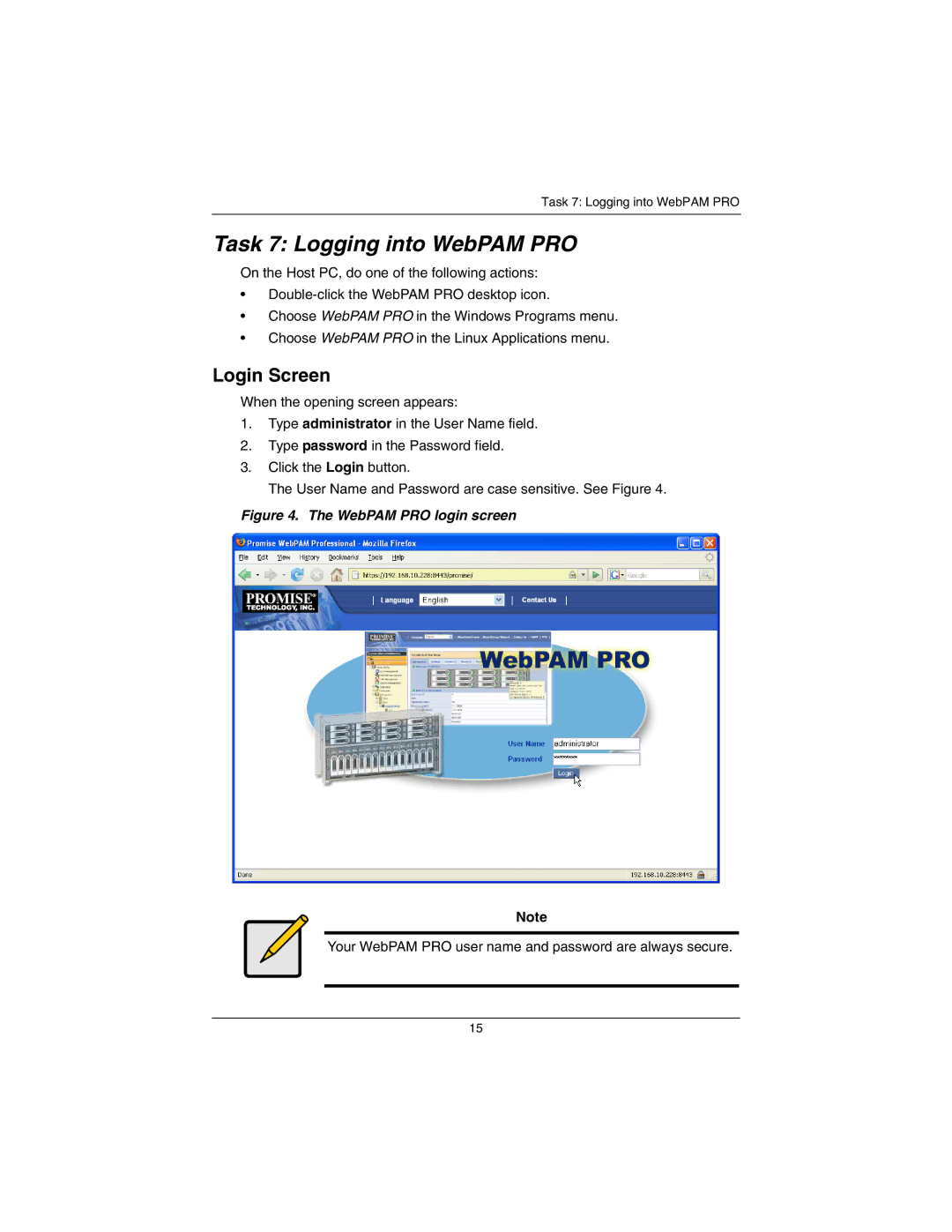 Promise Technology EX16650 manual Task 7 Logging into WebPAM PRO, Login Screen 