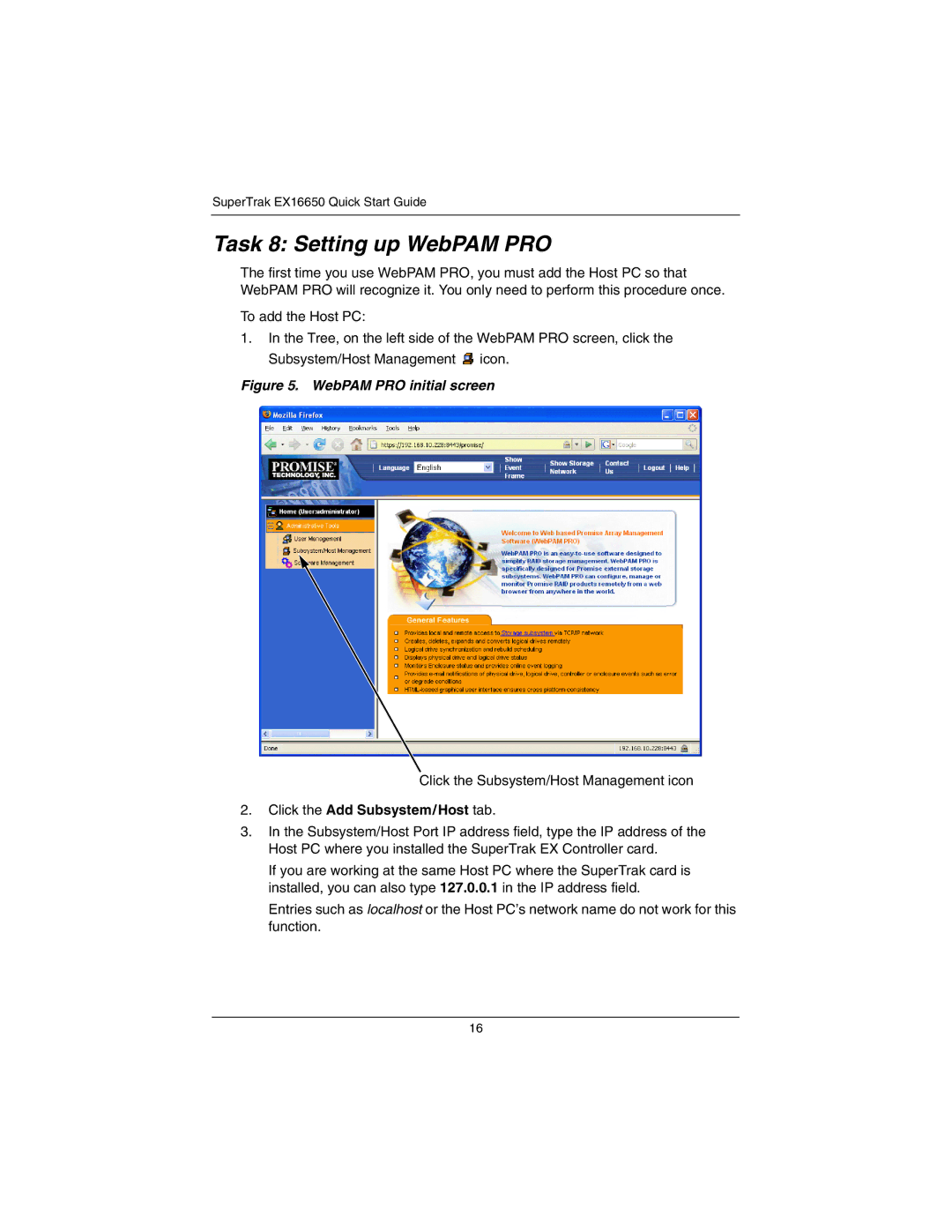 Promise Technology EX16650 manual Task 8 Setting up WebPAM PRO, Click the Add Subsystem/Host tab 