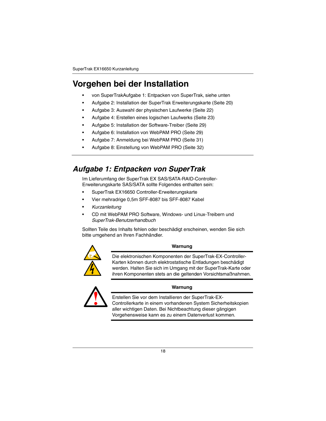 Promise Technology EX16650 manual Aufgabe 1 Entpacken von SuperTrak, Warnung 