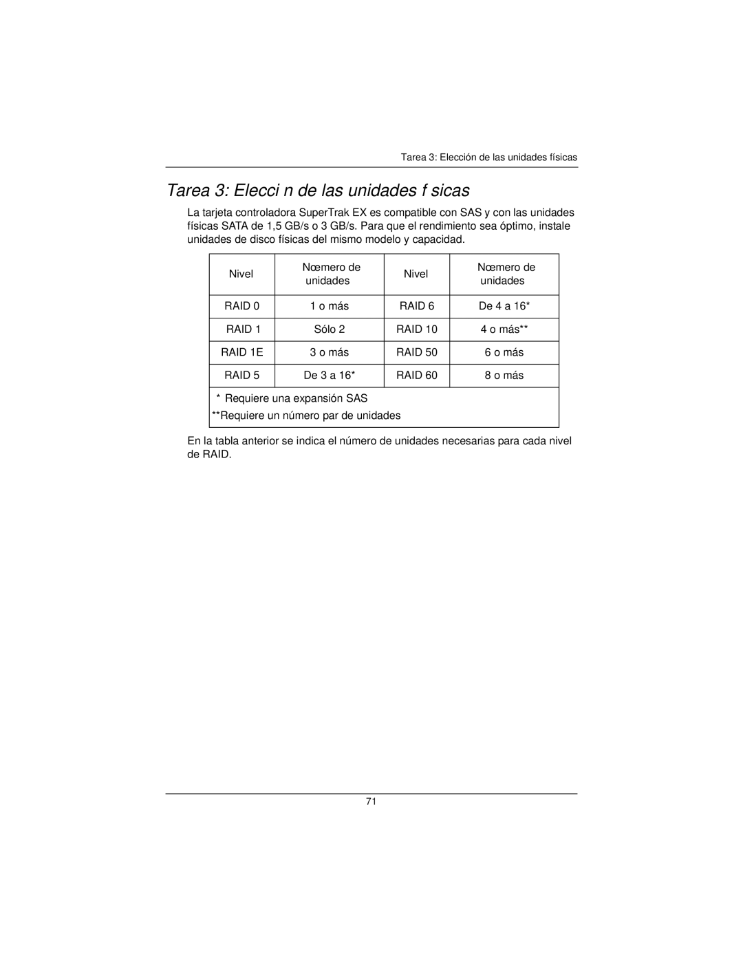 Promise Technology EX16650 manual Tarea 3 Elección de las unidades físicas, Nivel Número de Unidades 