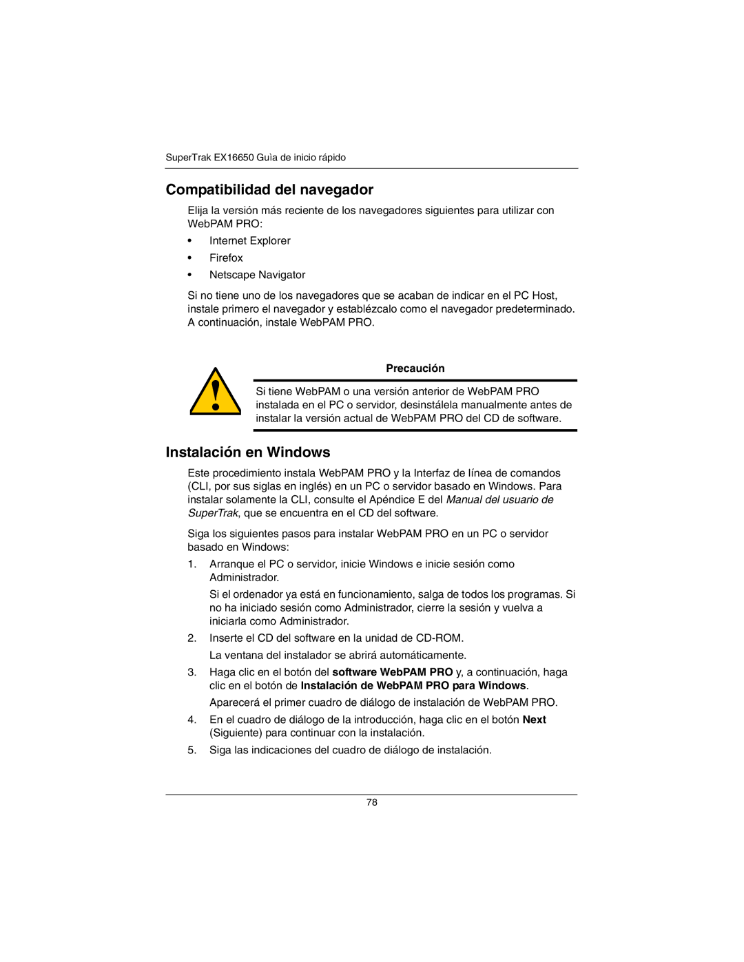 Promise Technology EX16650 manual Compatibilidad del navegador, Instalación en Windows, Precaución 