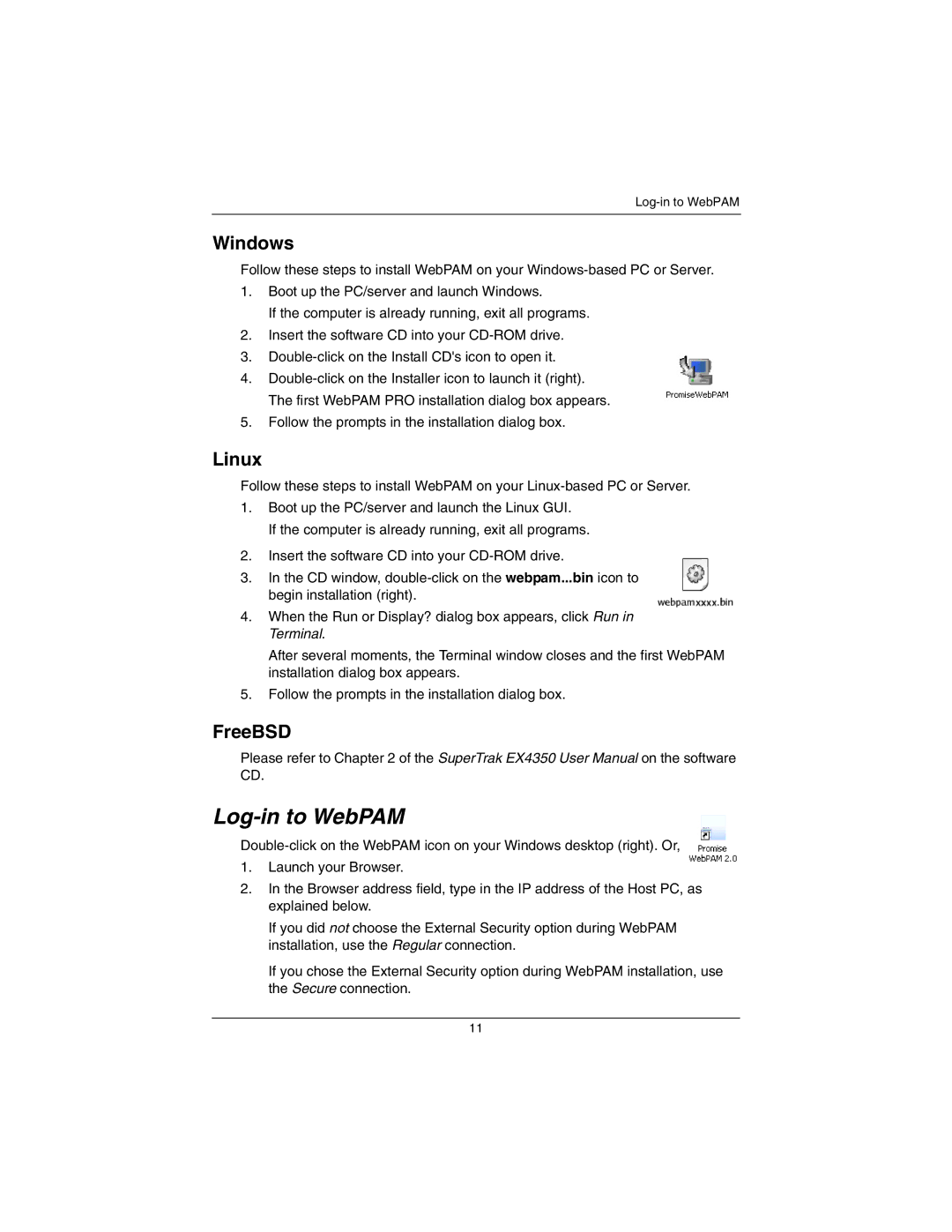 Promise Technology EX4350 quick start Log-in to WebPAM, Windows, Linux, FreeBSD 