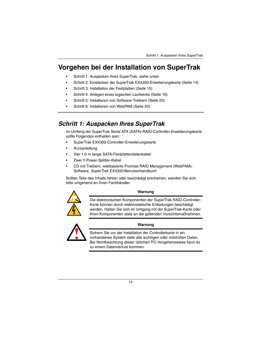 Promise Technology EX4350 quick start Schritt 1 Auspacken Ihres SuperTrak, Warnung 