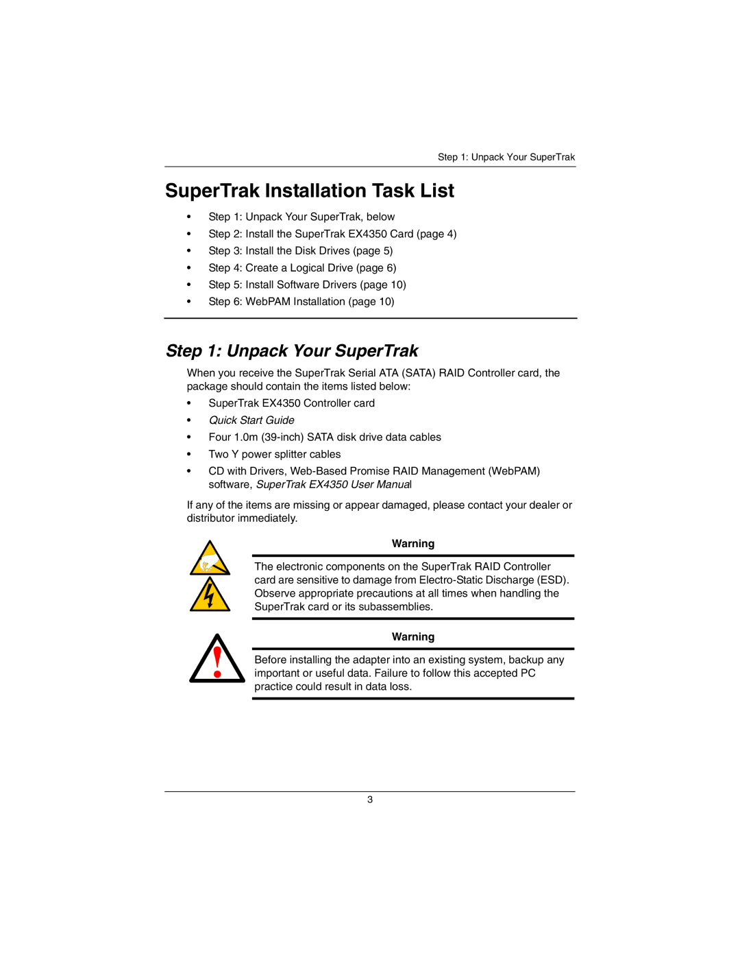 Promise Technology EX4350 quick start SuperTrak Installation Task List, Unpack Your SuperTrak 