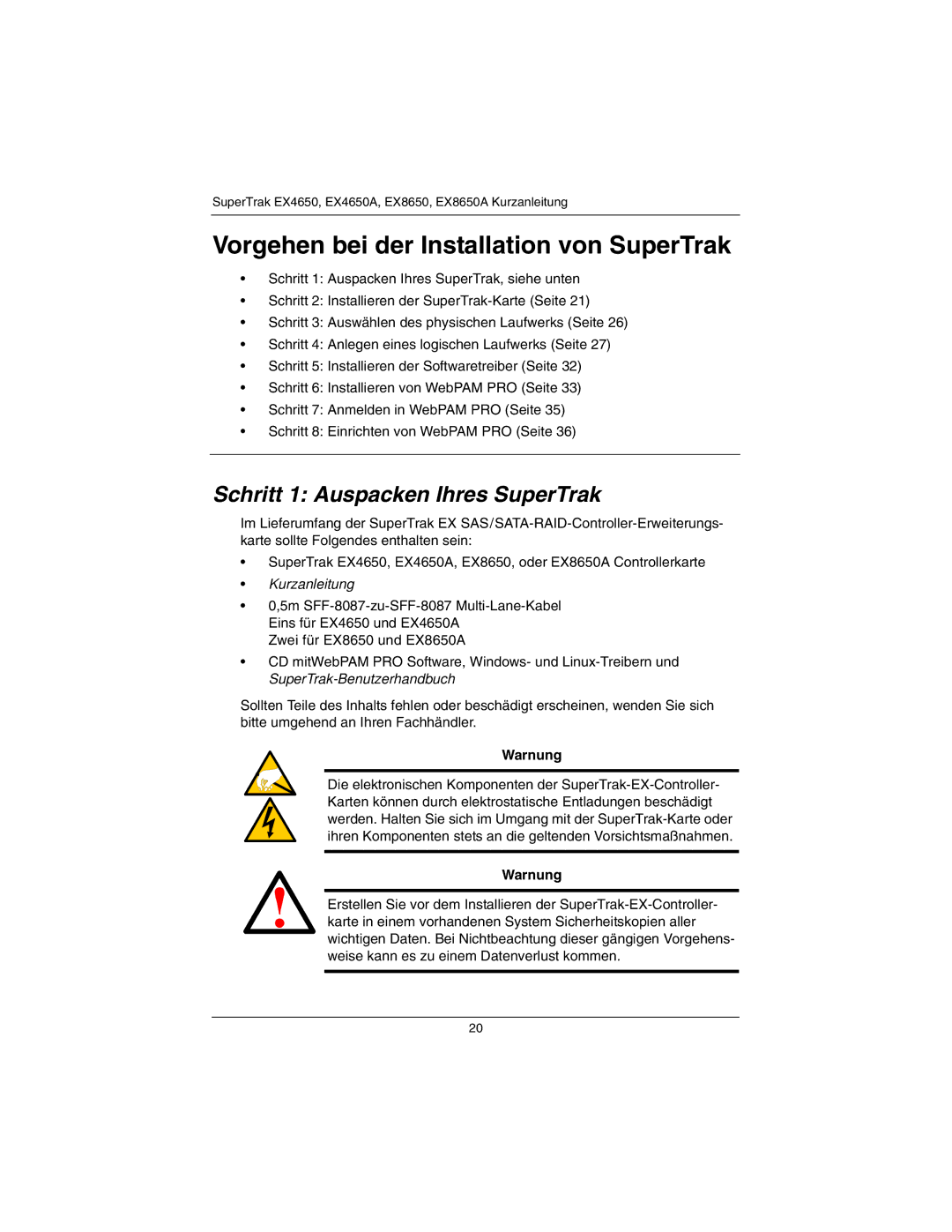 Promise Technology EX4650A, EX8650A quick start Schritt 1 Auspacken Ihres SuperTrak, Warnung 