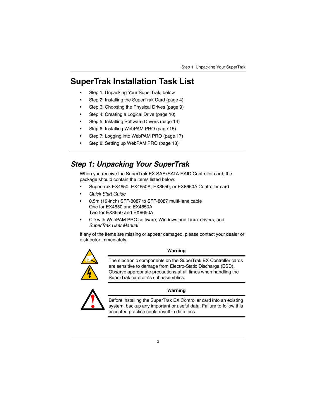 Promise Technology EX8650A, EX4650A quick start SuperTrak Installation Task List, Unpacking Your SuperTrak 