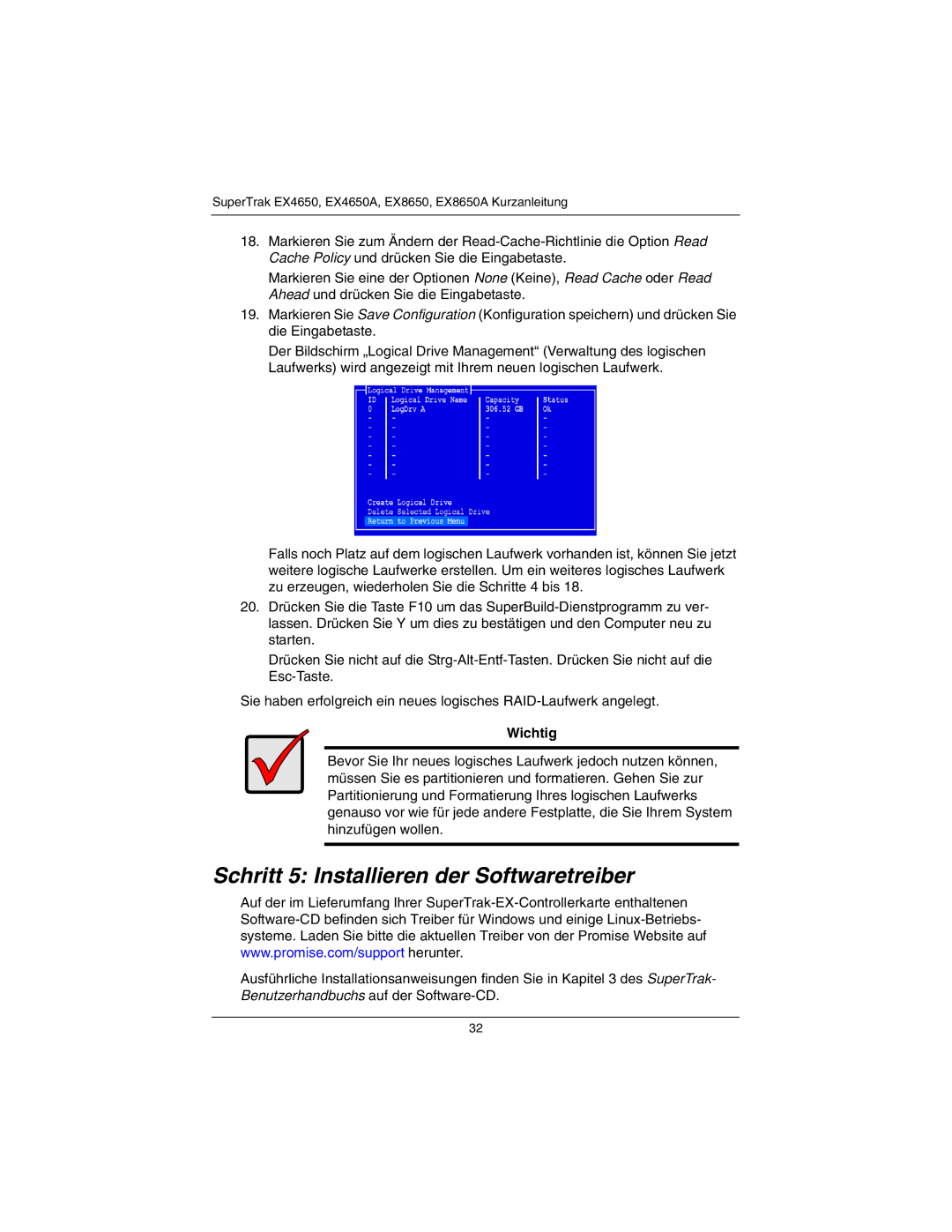 Promise Technology EX4650A, EX8650A quick start Schritt 5 Installieren der Softwaretreiber, Wichtig 