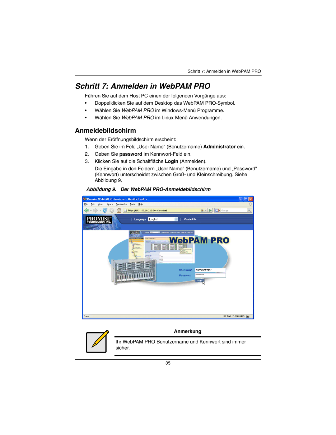 Promise Technology EX8650A, EX4650A quick start Schritt 7 Anmelden in WebPAM PRO, Anmeldebildschirm 