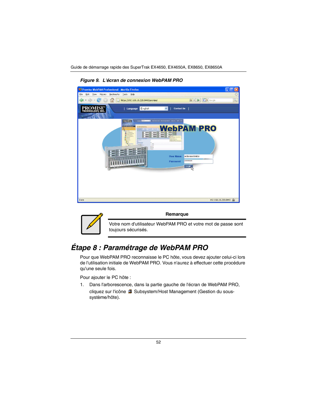 Promise Technology EX4650A, EX8650A quick start Étape 8 Paramétrage de WebPAM PRO, Lécran de connexion WebPAM PRO 