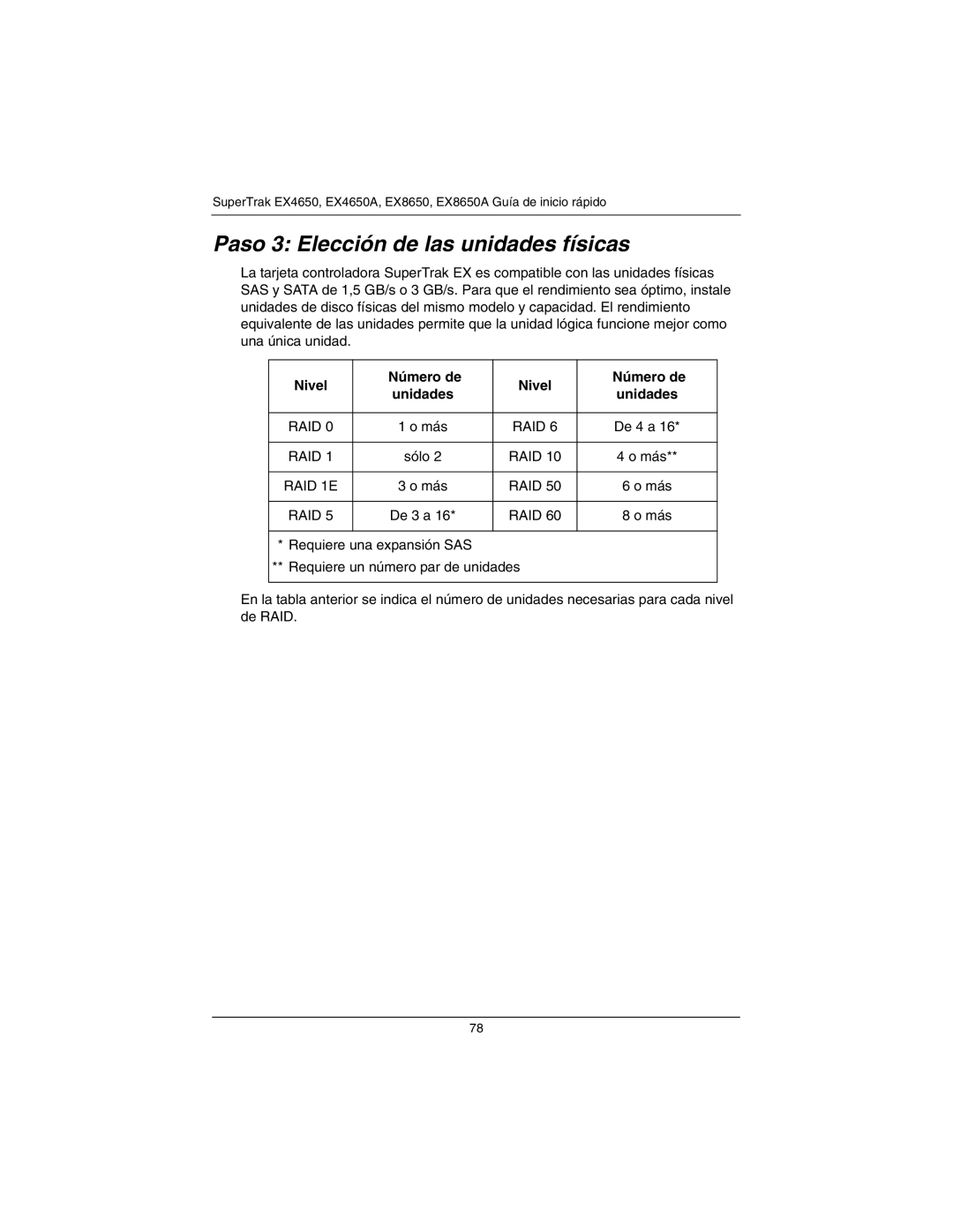 Promise Technology EX4650A, EX8650A quick start Paso 3 Elección de las unidades físicas, Nivel Número de Unidades 