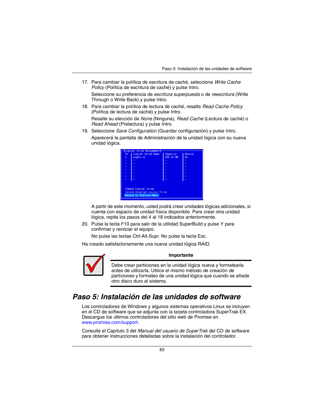 Promise Technology EX8650A, EX4650A quick start Paso 5 Instalación de las unidades de software, Importante 