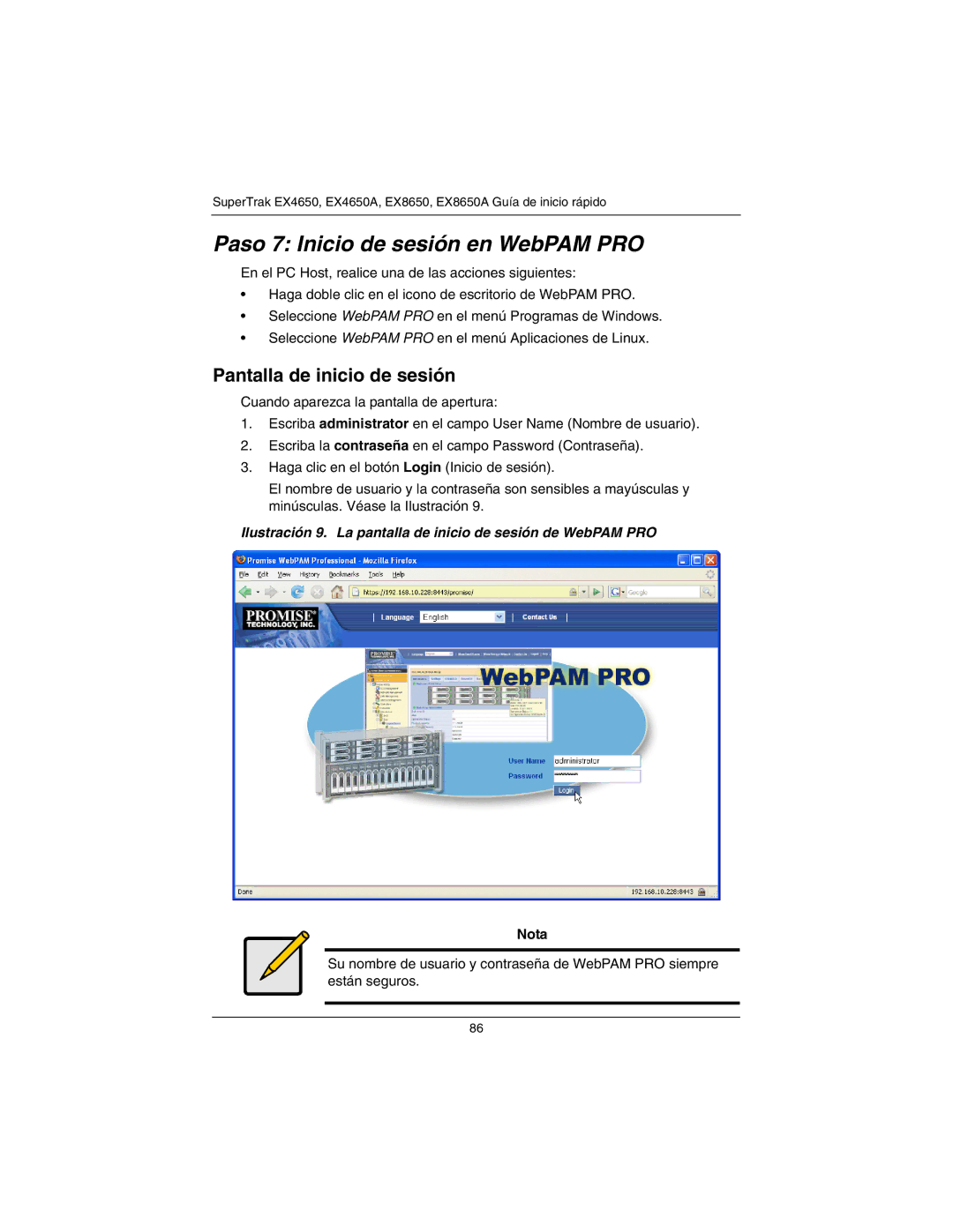 Promise Technology EX4650A, EX8650A quick start Paso 7 Inicio de sesión en WebPAM PRO, Pantalla de inicio de sesión 