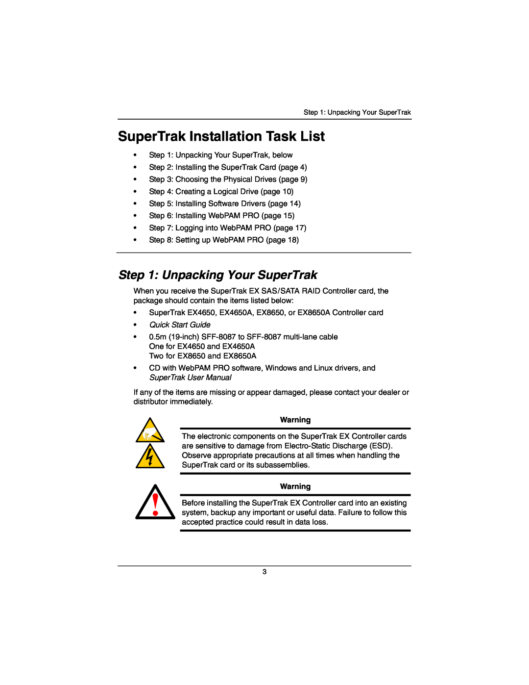 Promise Technology EX8650A, EX4650A SuperTrak Installation Task List, Unpacking Your SuperTrak, Quick Start Guide 