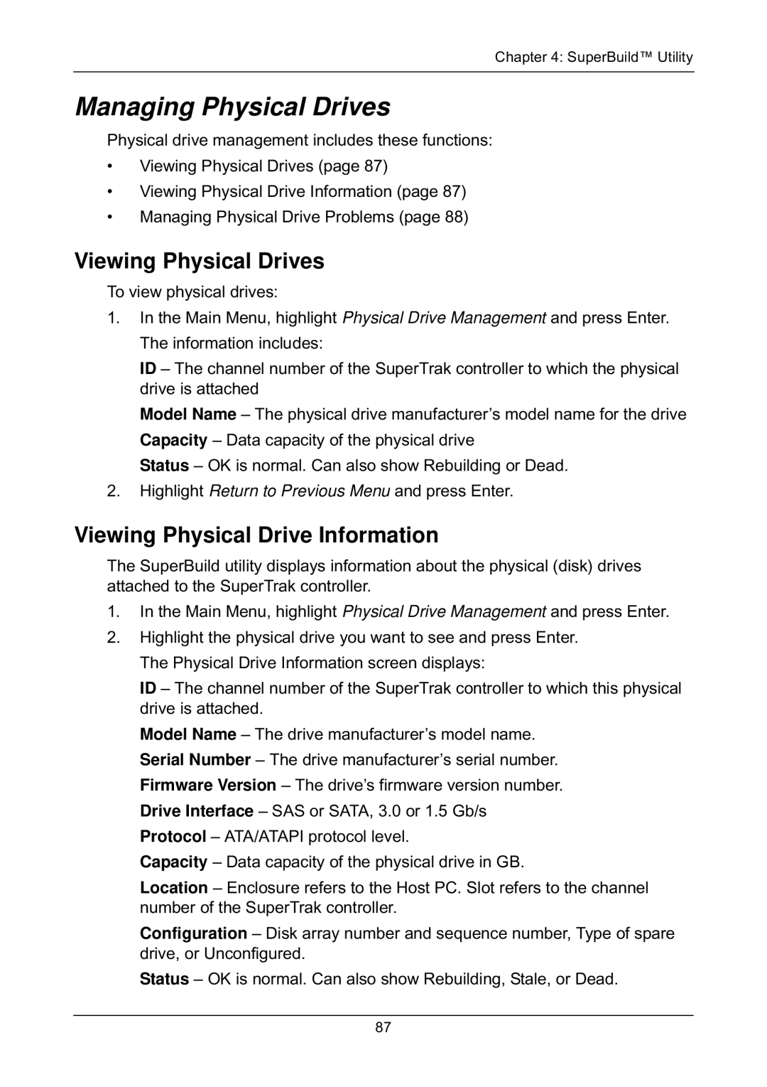 Promise Technology EX8654, EX8658 Managing Physical Drives, Viewing Physical Drives, Viewing Physical Drive Information 