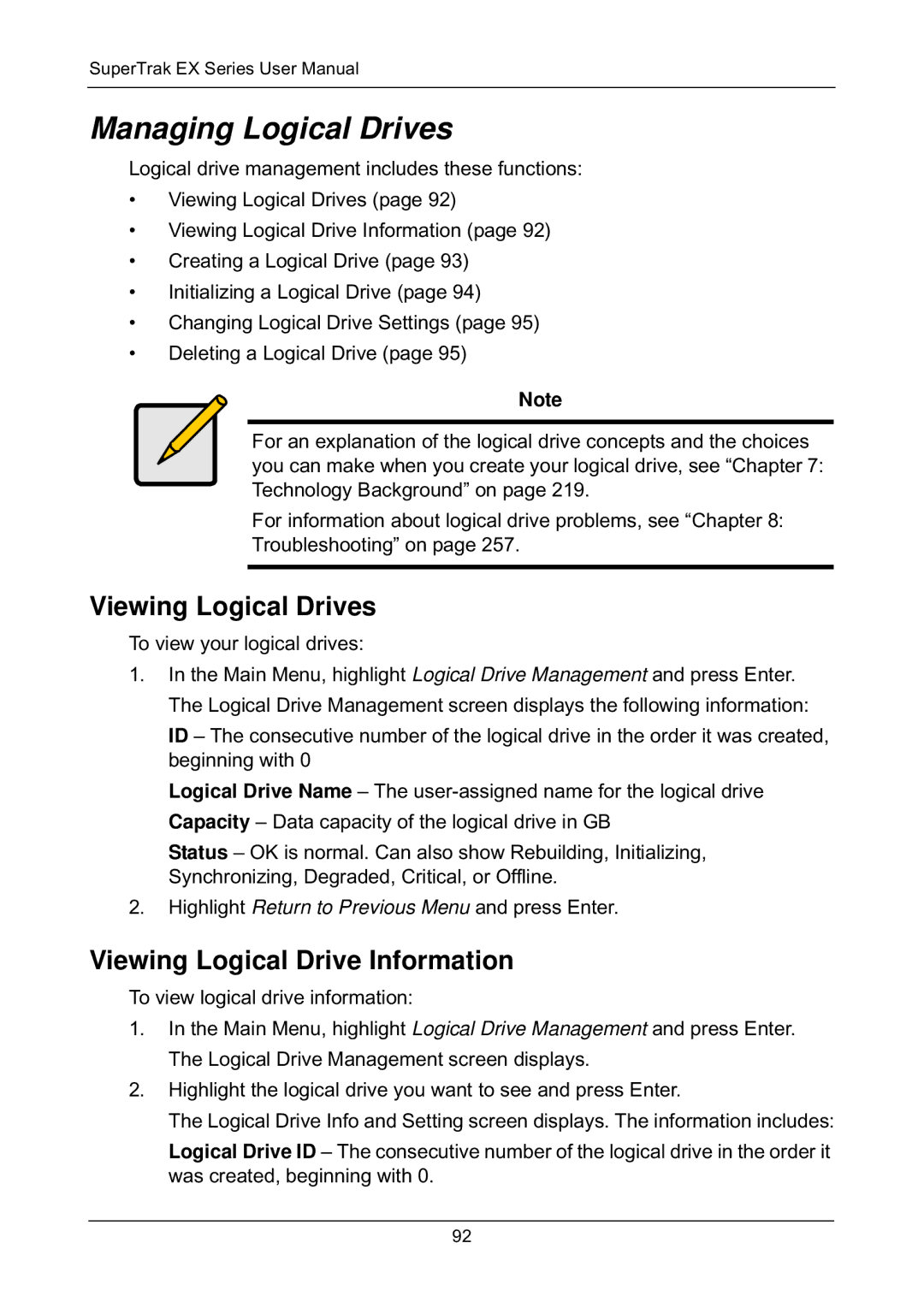 Promise Technology EX8650, EX8658 manual Managing Logical Drives, Viewing Logical Drives, Viewing Logical Drive Information 