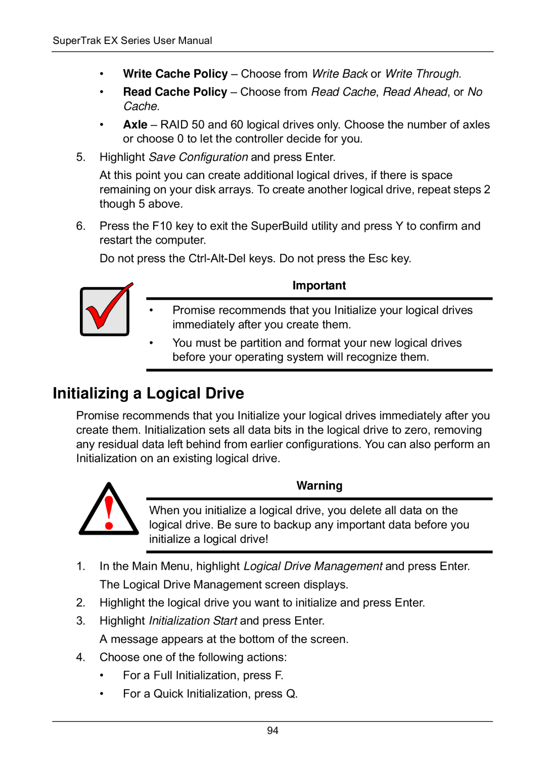 Promise Technology EX8658, EX8654 Initializing a Logical Drive, Write Cache Policy Choose from Write Back or Write Through 