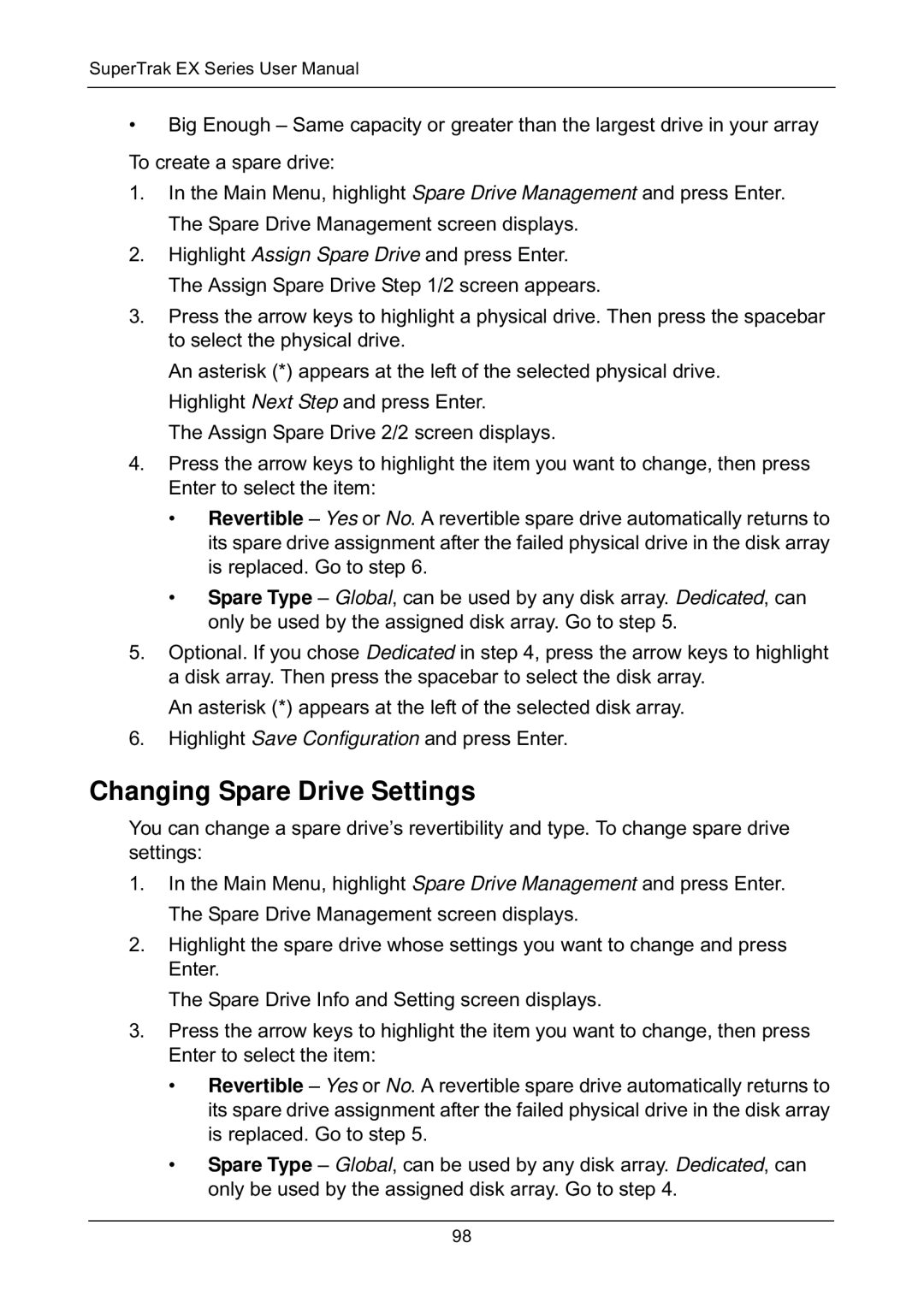 Promise Technology EX8658, EX8654, EX8650, EX4650 manual Changing Spare Drive Settings 