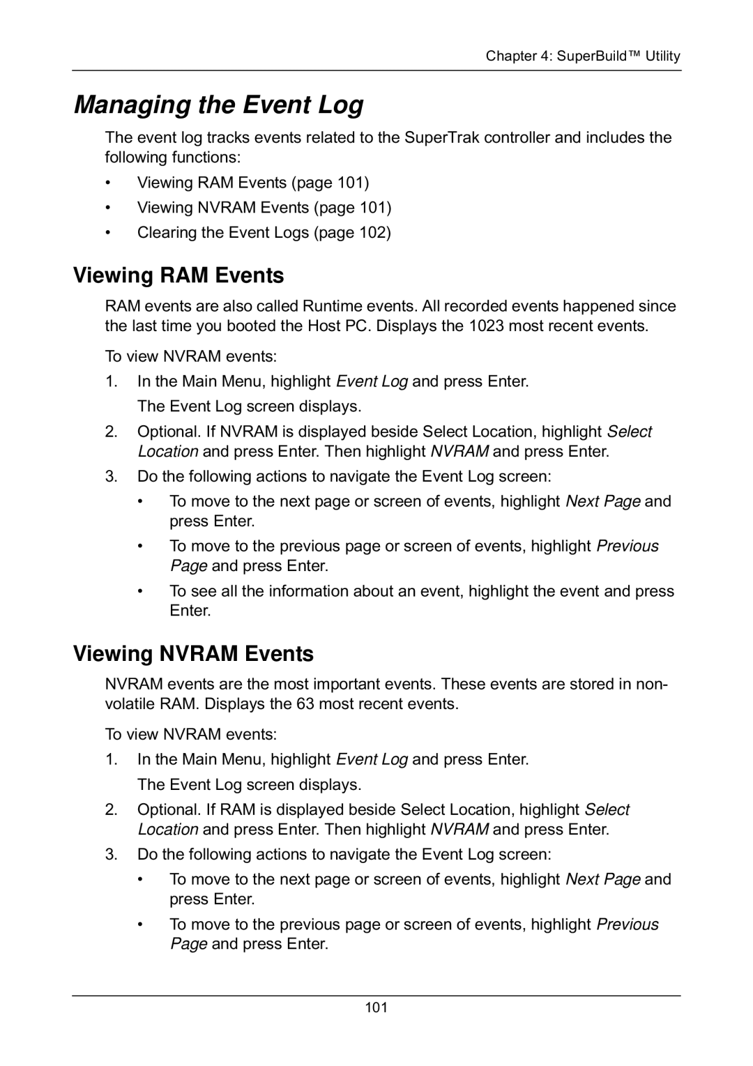 Promise Technology EX4650, EX8658, EX8654, EX8650 manual Managing the Event Log, Viewing RAM Events, Viewing Nvram Events 