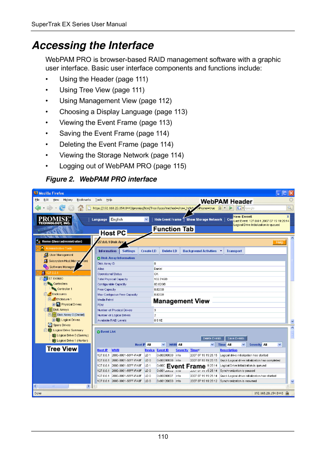 Promise Technology EX8658, EX8654, EX8650, EX4650 manual Accessing the Interface, WebPAM PRO interface 