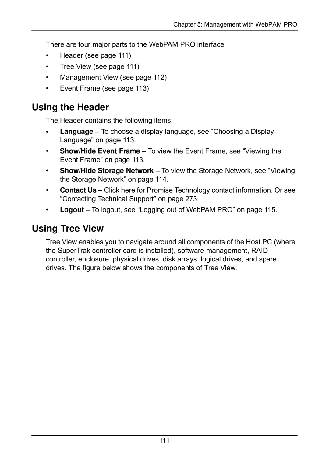 Promise Technology EX8654, EX8658, EX8650, EX4650 manual Using the Header, Using Tree View 