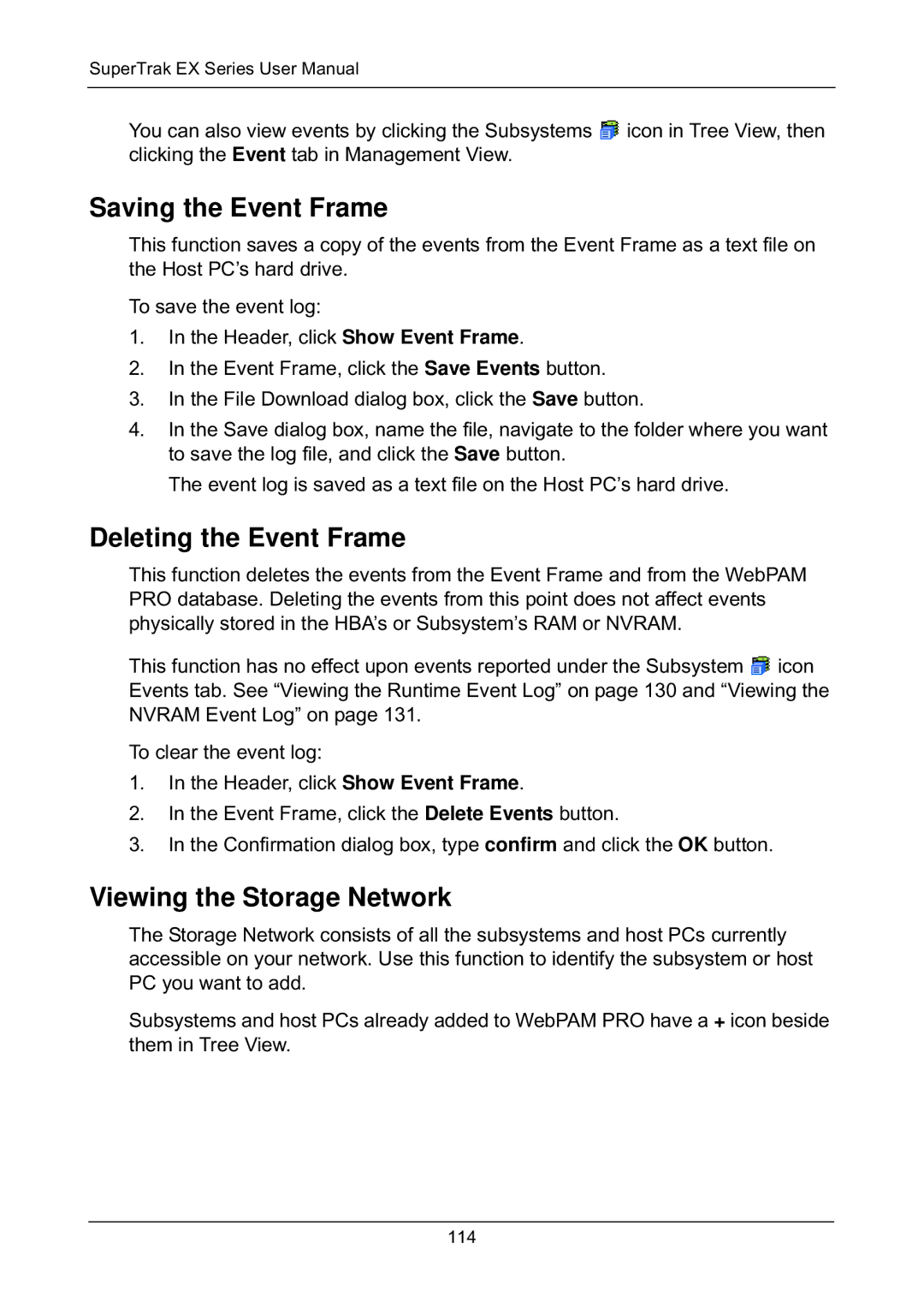 Promise Technology EX8658, EX8654, EX8650 Saving the Event Frame, Deleting the Event Frame, Viewing the Storage Network 