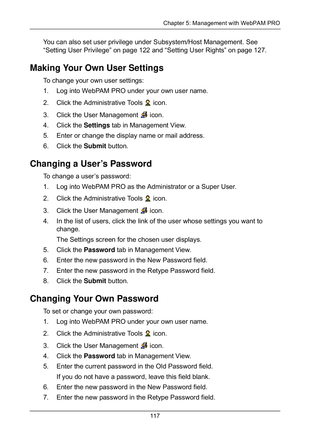 Promise Technology EX4650, EX8658 Making Your Own User Settings, Changing a User’s Password, Changing Your Own Password 