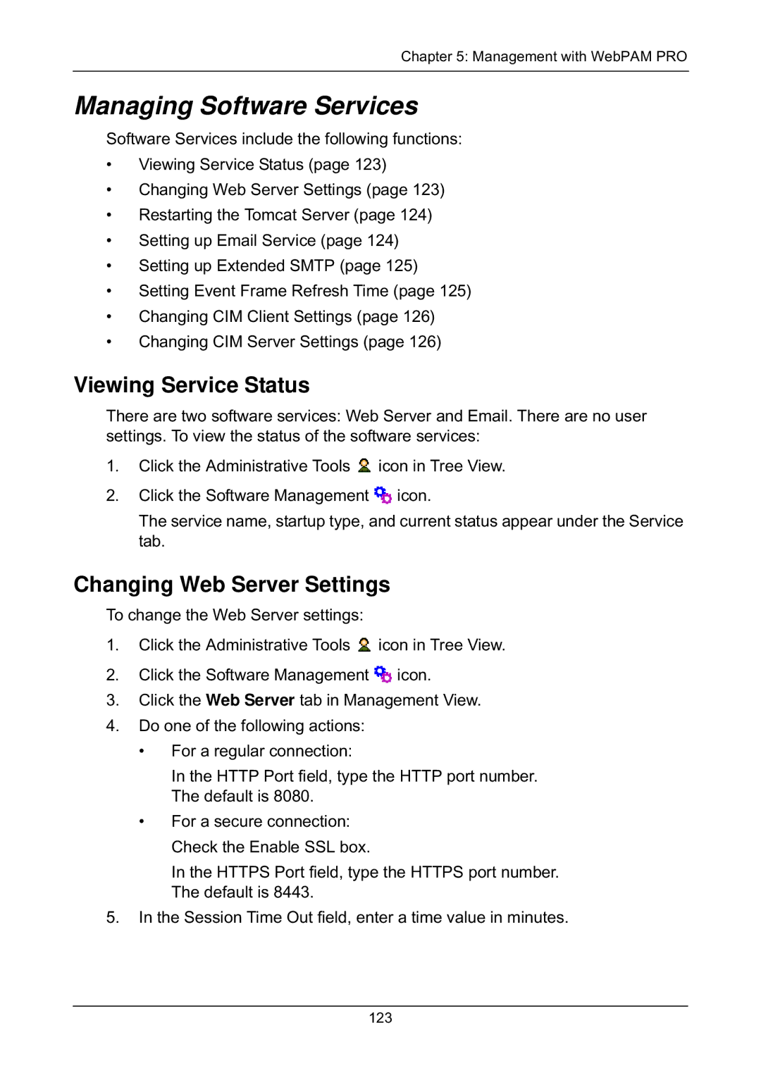 Promise Technology EX8654, EX8658, EX8650 Managing Software Services, Viewing Service Status, Changing Web Server Settings 