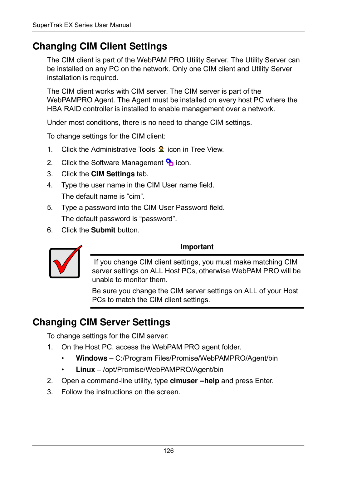 Promise Technology EX8658, EX8654, EX8650, EX4650 manual Changing CIM Client Settings, Changing CIM Server Settings 