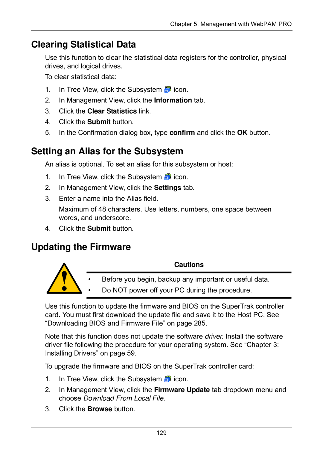 Promise Technology EX4650, EX8658 Clearing Statistical Data, Setting an Alias for the Subsystem, Updating the Firmware 