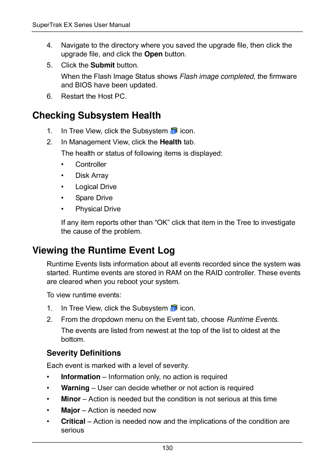 Promise Technology EX8658, EX8654, EX8650 Checking Subsystem Health, Viewing the Runtime Event Log, Severity Definitions 