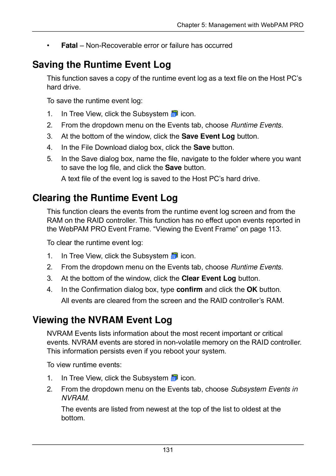 Promise Technology EX8654 manual Saving the Runtime Event Log, Clearing the Runtime Event Log, Viewing the Nvram Event Log 