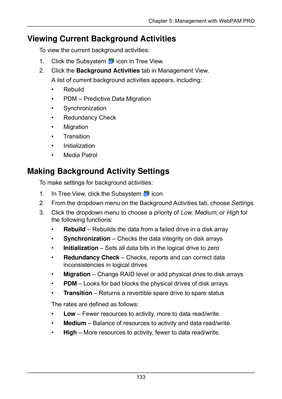 Promise Technology EX4650, EX8658, EX8654, EX8650 Viewing Current Background Activities, Making Background Activity Settings 