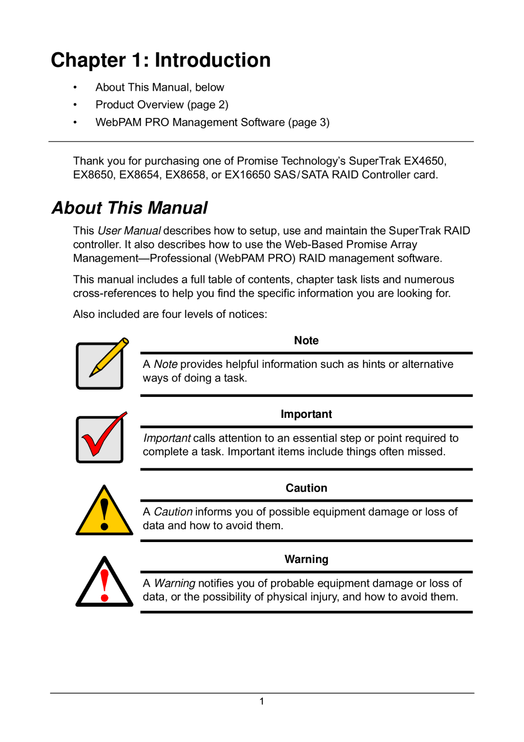 Promise Technology EX4650, EX8658, EX8654, EX8650 manual Introduction, About This Manual 